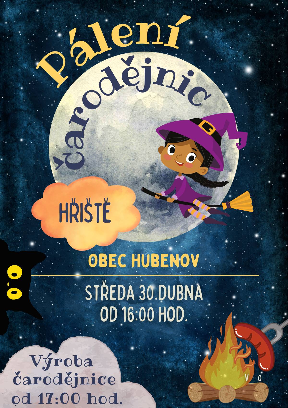 Srdečně Vás zveme na Hubenovské Pálení Čarodějnic 2025 🧙♀️. Konat se budou, jak jinak než, ve středu 📅 30.dubna od 🕓 16:00 hod. na Hřišti. Od 17:00 hod. si děti budou moci vyrobit čarodějnici, kterou pak upálíme na hranici 🔥. Občerstvení bude zajištěno. Těšíme se na Vás 😊