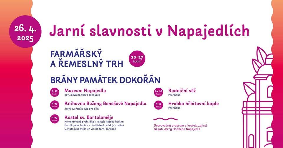 Farmářské trhy budou od 10-17 hod. Nebudou chybět regionální produkty,ruční výrobky,jarní dekorace,čerstvé bylinky a květiny.Prohlídku radniční věže můžete stihnout mezi 14-17 hodinou.   Muzeum Napajedla bude otevřeno od 9 – 17 hodin- 50% sleva na vstupném. Knihovna připravila jarní tvoření pro děti