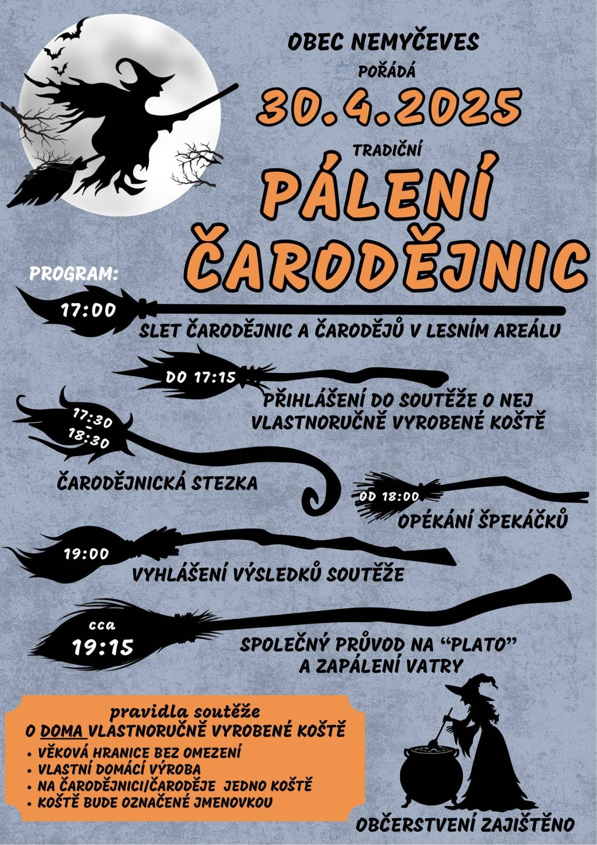 Zveme opět po roce malé i velké čarodějnice i čaroděje na společný let nad Nemyčevsí ve středu 30. 4. 2025.  Letový plán najdete v přílohách. Těšíme se na další společnou akci.