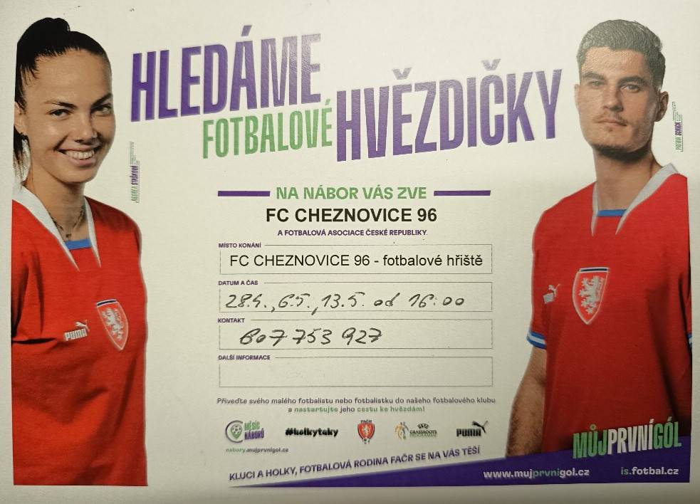 FC Cheznovice 96 a FAČR pořádají nábor mladých fotbalistů ve dnech 28.4., 6.5. a 13.5. vždy od 16:00.