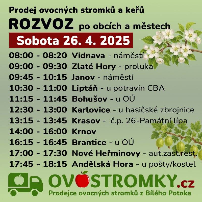 V sobotu 26.4.2025  od 10:30 proběhne v Liptani u Potrvin CBA prodej ovocných stromků a keřů.