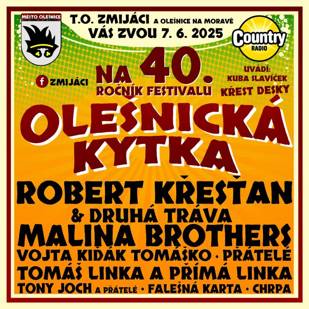 Město Olešnice zve všechny na 40. ročník festivalu Olešnická Kytka, který se uskuteční 7. června 2025. Přijďte si užít skvělou atmosféru a bohatý program. Pozvánka v příloze.