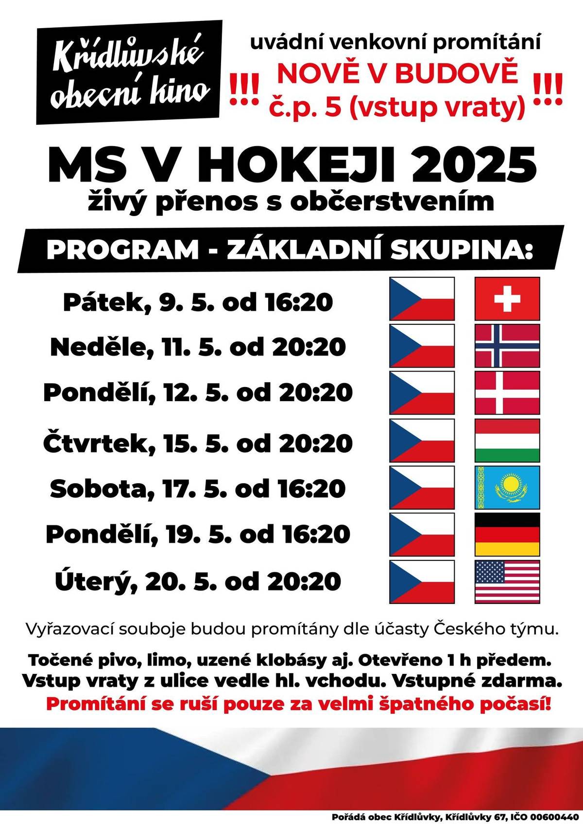 1) Spolek Šipkaři Oktopus Křídlůvky srdečně zve na Velikonoční šipkový turnaj, který se koná tuto sobotu (26. 4.), od 12:00 v kulturním domě. Registrace probíhá do 13:00. Zápisné činí 200,- Kč. Vítání jsou nejen hráči, ale i diváci.  2) Svaz žen Křídlůvky srdečně zve na tradiční Pálení čarodějnic, která se bude konat příští středu, 30. 4. od 18:00 ve dvoře za kulturním domem. Začátek lampionového průvodu bude po setmění. Jsou vítány masky, lampiony je nutno vzít s sebou. K občerstvení budou tradiční makrely. 3) Spolek vinařů Křídlůvky srdečně zve občany a příznivce dobrého vína na Otevřené sklepy s posezením pod akáty, které se konají 3. 5. od 14:00 na tradičním místě u sklepů. Kromě vína je zajištěno i točené pivo, limonáda a drobné občerstvení. 4) Spolek Křídlůvky dětem srdečně zve všechny rodiče, především maminky a babičky, na Den matek, který se bude konat 8. 5., od 16:00, v kulturním domě. Čekají na Vás vystoupení místních dětí, občerstvení je zajištěno.  5) Obecní kino Křídlůvky oznamuje zahájení provozu, a to jako minulý rok promítáním mistrovství světa v ledním hokeji. Oznamujeme, že kino se přesunulo do budovy č.p. 5, poblíž kapličky. Plakát s programem je dostupný na webových stránkách, vývěskách i Facebooku obce. Obvyklé občerstvení je samozřejmostí. Těšíme se na Vás.  6) Oznamujeme občanům, a především majitelům sklepů, že byla dokončena rekonstrukce cesty ke sklepům, v jejíž rámci byla na konci cesty nainstalována závora s točnou. Důvodem je zamezení průjezdu velkého počtu automobilů, především nákladních a zemědělských. Klíč k závoře je dostupný na obecním úřadě. Po domluvě může být závora otevřena.