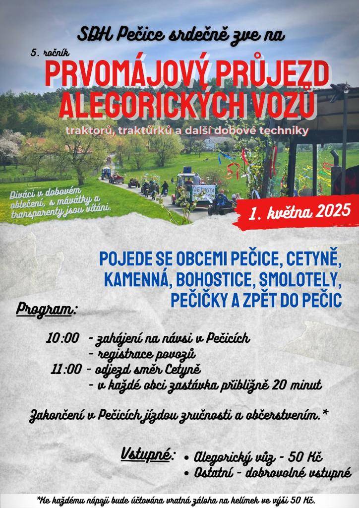 Pojede se obcemi Pečice, Cetyně, Kamenná, Bohostice, Smolotely, Pečičky a zpět do Pečic. Více info viz přiložený plakát.