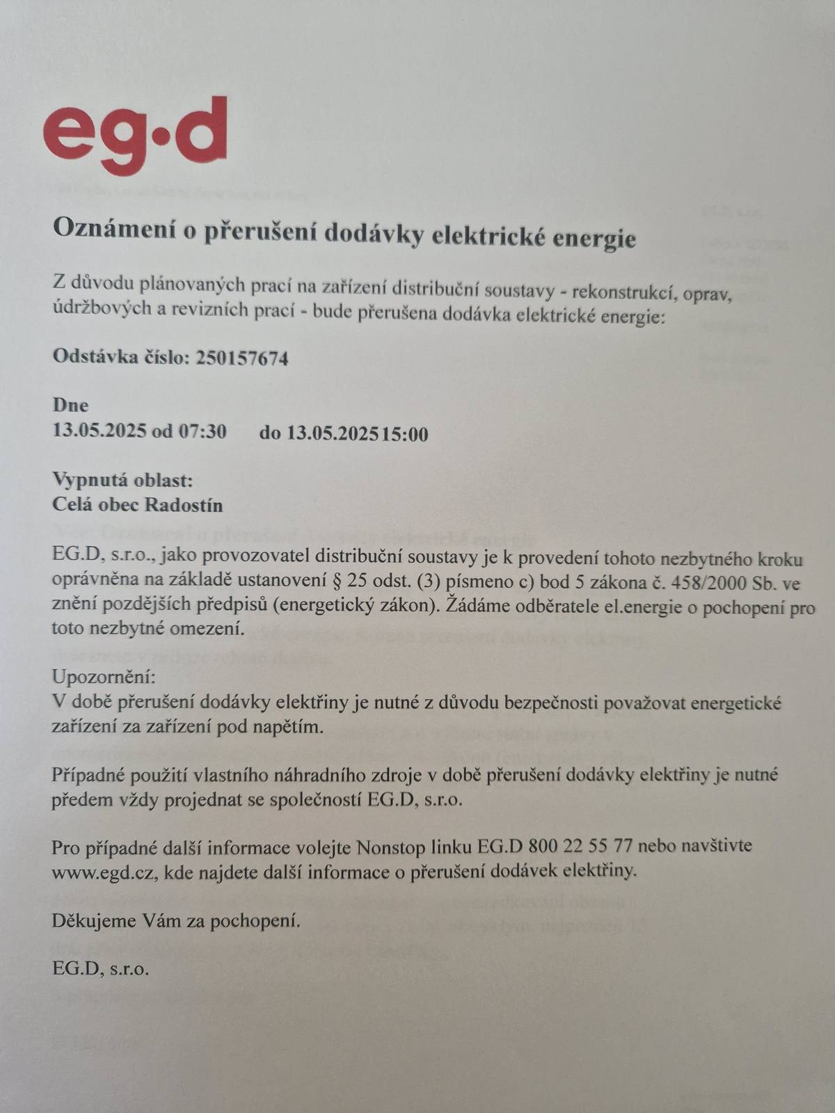 Přerušení dodávky el. energie 13.5.2025 v době od 7:30 - 15:00 hod. v celé obci Radostí