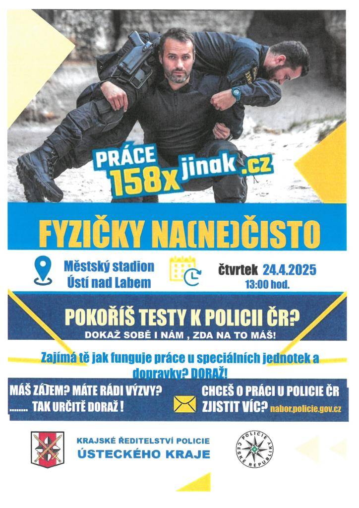 Zajímá tě jak funguje práce u speciálních jednotek a dopravky? Chceš zjistit jestli na to máš? Tak doraž 24. 4.2025 na Městský stadion v Ústí nad Labem.