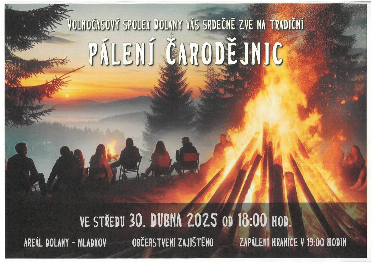 VS Dolany Vás zve na Pálení čarodějnic ve středu 30.4.2025 od 18 hodin do areálu do Dolan. Zapálení hranice bude v 19 hodin. Občerstvení zajištěno.