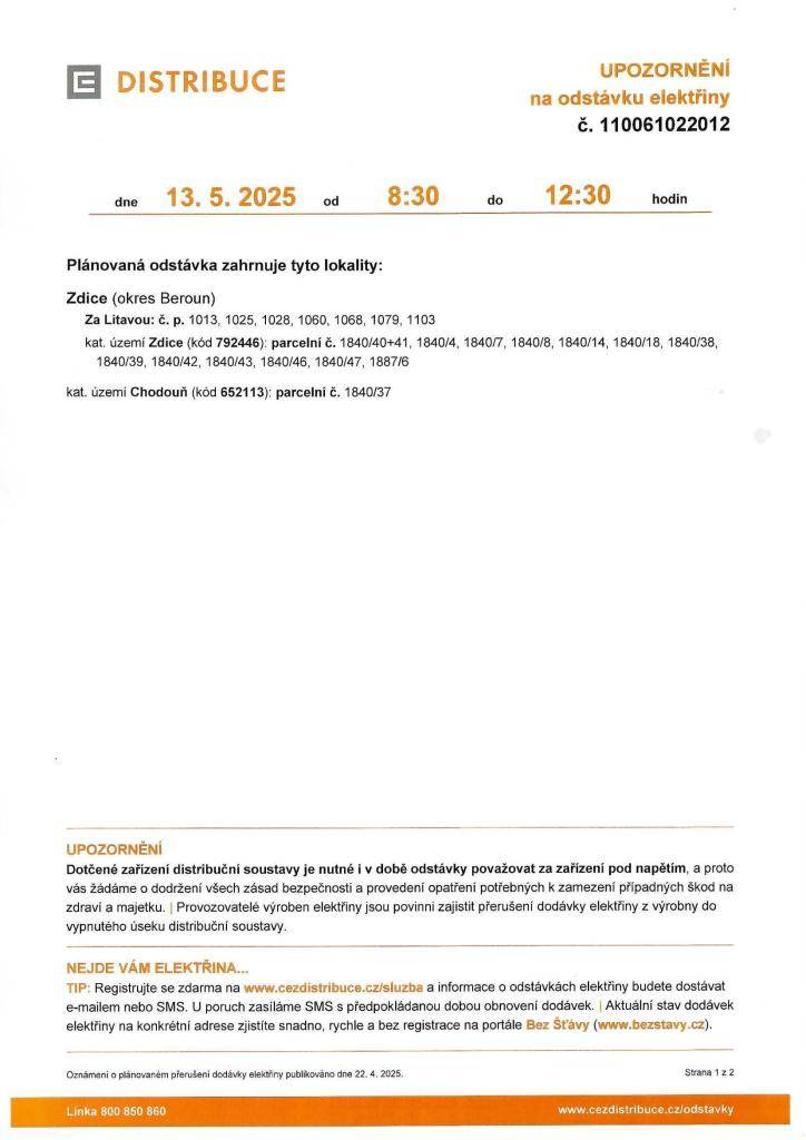 Oznámení o přerušení dodávky el. energie dne 13.5.2025 od 8:30 do 12:30