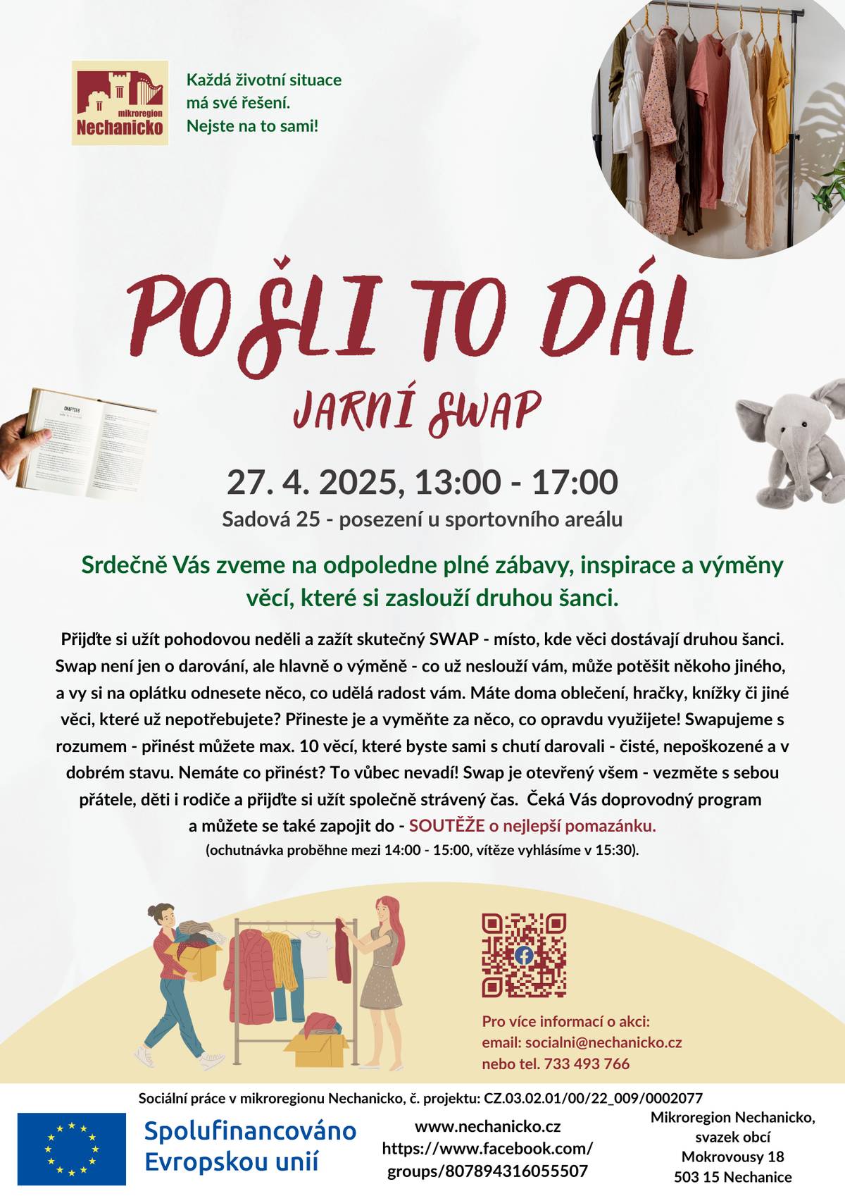 Sociální práce v Mikroregionu Nechanicko zvou na "JARNÍ SWAP", který se uskuteční 27.4.2025, od 13:00 do 17:00 hod v obci Sadová.
