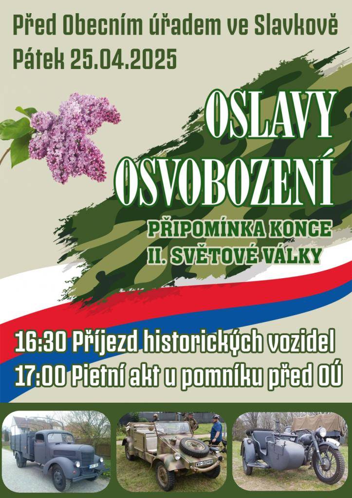 Příjezd kolony historických vojenských vozidel v 16:30 a v 17:00 pietní akt u pomníku pře OÚ. Přijďte si společně připomenout významné chvíle naší historie a vzdát úctu těm, kteří bojovali za naši svobodu.