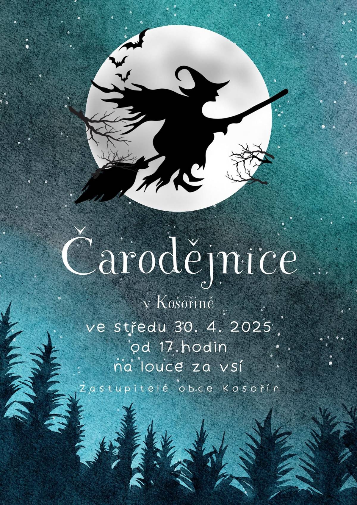 Zveme Vás na "Čarodějnice v Kosoříně". Termín akce je 30.4.2025 od 17.00 na louce za vsí.