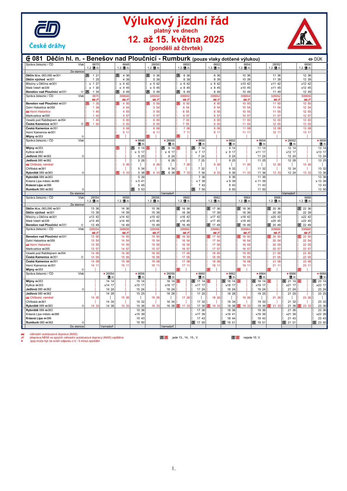 Správa železnic informuje, že v období od 12. května 2025, od 07:10 hod. nepřetržitě do 15. května 2025, 16:45 hod., proběhne výluka na trati 081 Děčín - Benešov nad Ploučnicí - Rumburk (a zpět).