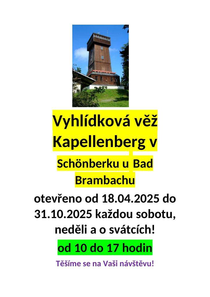 Věž bude pro návštěvníky otevřena od 18. dubna 2025 až do 31. října 2025, a to každou sobotu, neděli a o svátcích od 10 do 17 hodin.