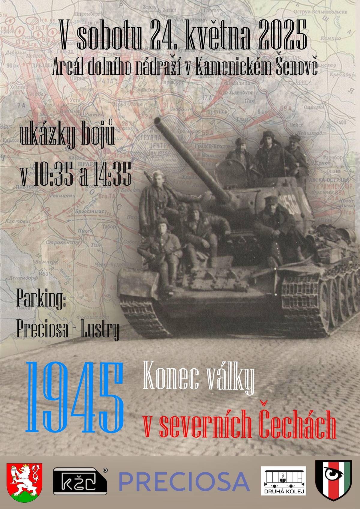 V sobotu 24. května 2025 zve Kamenický Šenov na akci - 1945 konec války v severních Čechách. Ukázky bojů budou probíhat v 10:35 a 14:35. Akce se bude konat v areálu dolního nádraží v Kamenickém Šenově.
