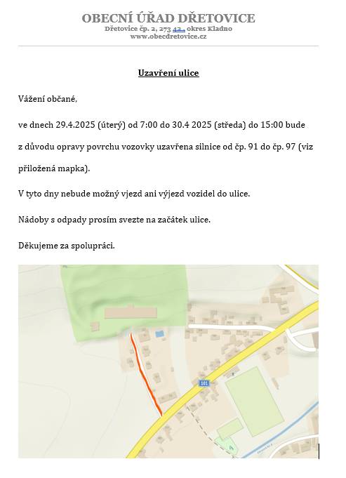 Uzavření ulice od čp. 91 - čp. 97, 29. až 30.4.2025