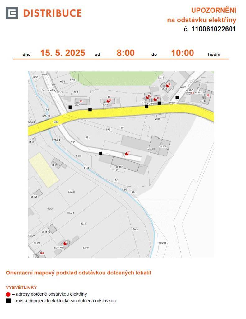 Plánovaná odstávka elektřiny dne 15. 5. 2025 od 8:00 do 10:00 hod.