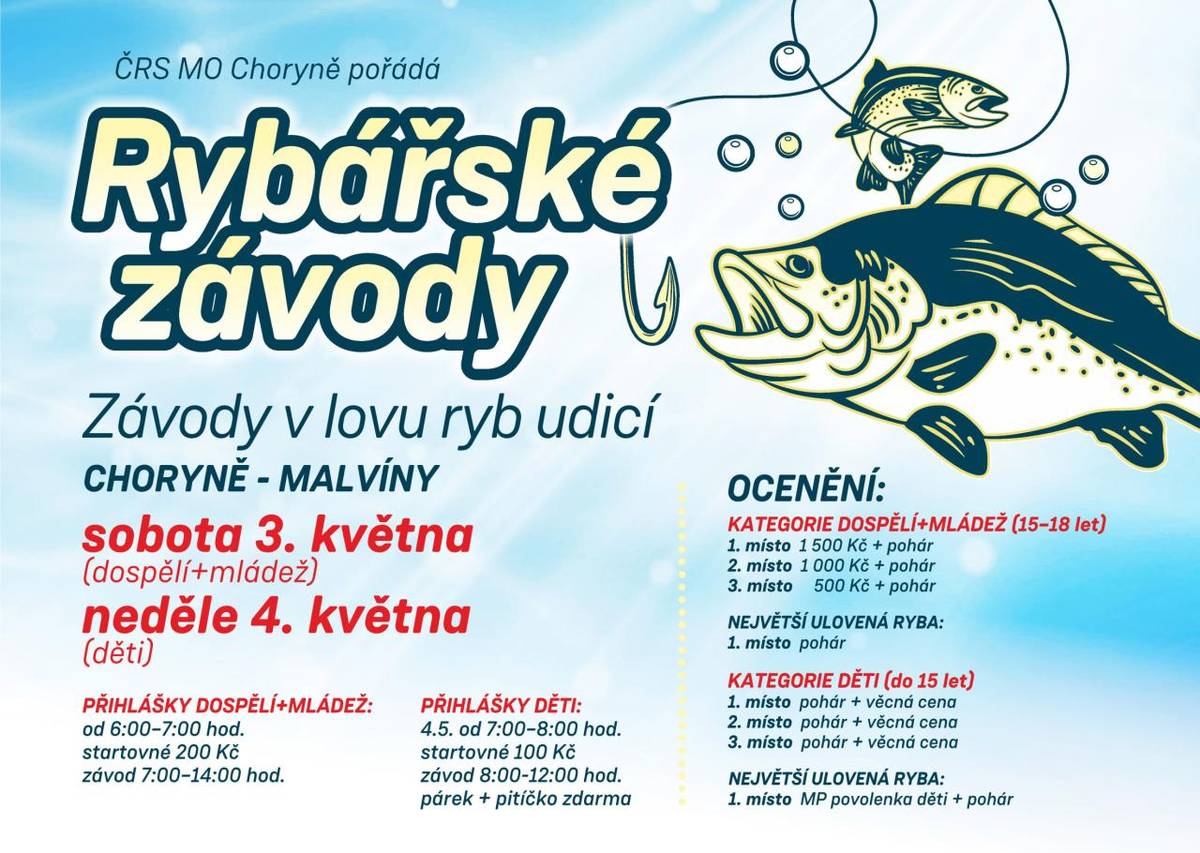 Závody v lovu ryb udicí - Choryně Malvíny.   SOBOTA 3.5.2025 dospělí a mládež  NEDĚLE 4.5.2025 děti