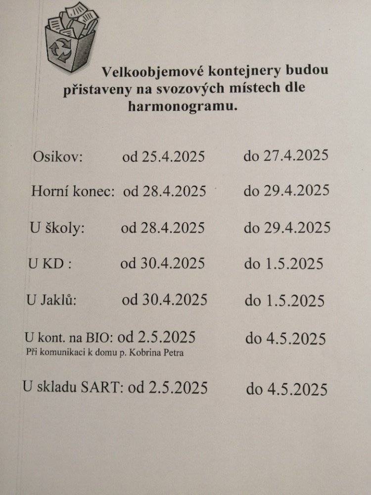 Fotbal Bratrušov - Juve Mohelnice, neděle 27.4.2025 v 16,00 hod na hřišti v Moravičanech. Fotbal Haanušovice - M.Morava, sobota 26.4.2025 v 16,00 hod na hřišti v Bratrušově. Fotbal dorost Hanušovice - Vikýřovice, sobota 26.4.2025 ve 12,30 hod na hřišti v Bratrušově. Svoz velkoobjemného odpadu proběhne v týdnu od 25.4.2025 do 4.5.2025, harmonogram svozu v příloze. Železná sobota - sběr železného odpadu v sobotu 26.4.2025 od 9,00 hod od horní části obce. Pálení čarodějnic - středa 30.4.2025 od 16,00 hod u kulturního domu v Bratrušově. Svoz nebezpečného odpadu - sobota 3.5.2025 od 8,00 hod od spodního konce Bratrušova, harmonogram v příloze. Očkování psů proti vzteklině - pondělí 5.5.2025 od 18,00 hod u OÚ v Bratrušově. Zdraví Obec Bratrušov