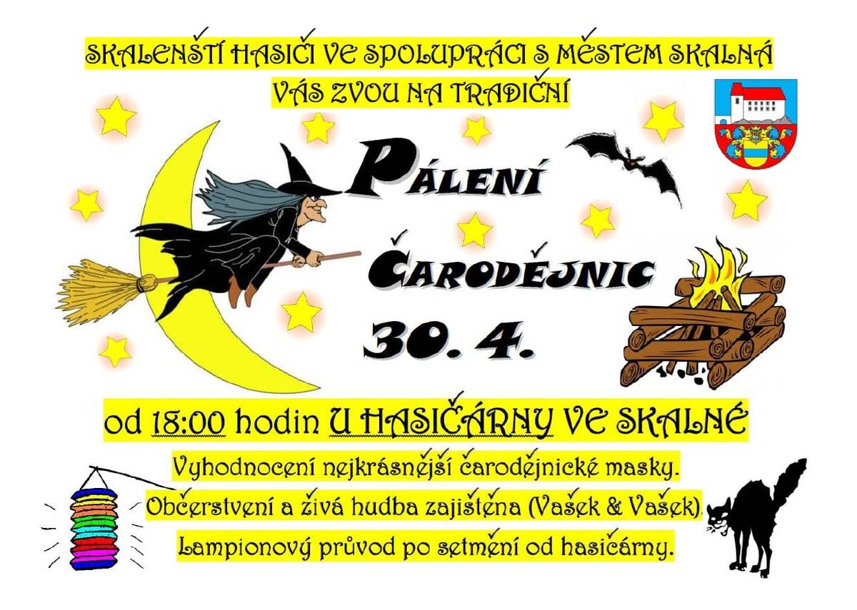Skalenští hasiči ve spolupráci s městem Skalná vás srdečně zvou na tradiční Pálení čarodějnic, které se uskuteční v úterý 30. dubna od 18:00 hodin u hasičárny ve Skalné.