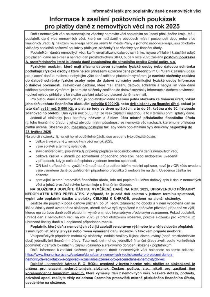 INFORMACE PRO OBČANY K PLACENÍ DANĚ Z NEMOVITÝCH VĚCÍ 2025