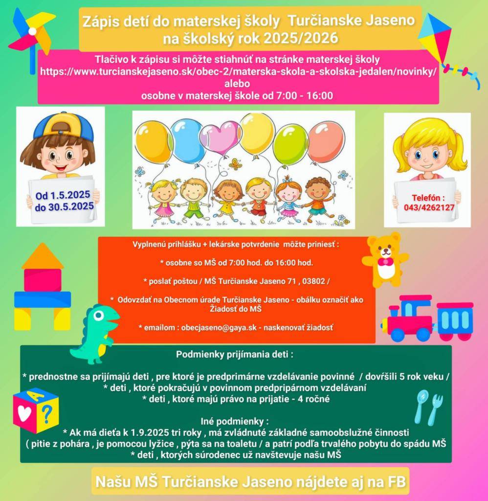 Zápis do MŠ Turćianske Jaseno na školský rok 2025/2026