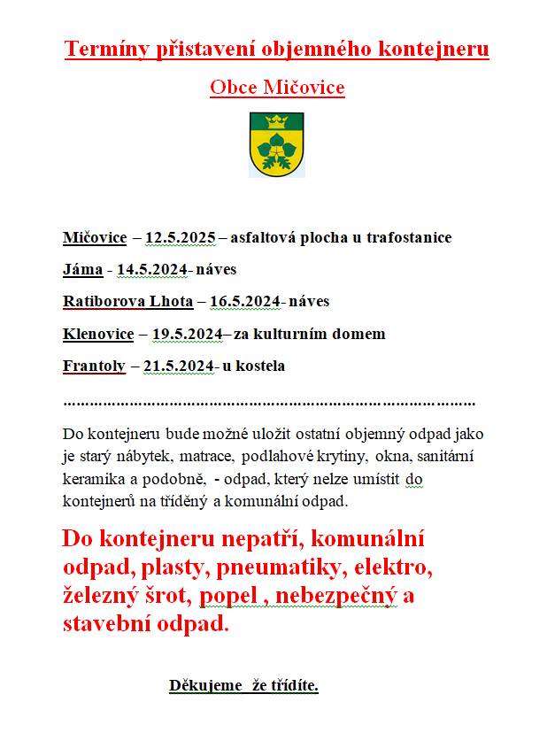 Objemný kontejner květen 2025