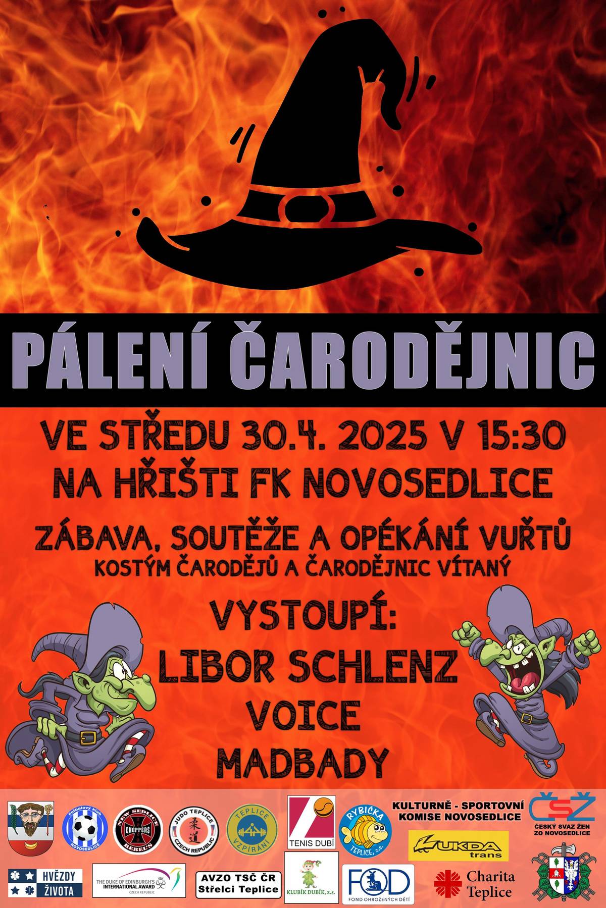 🎩🔥 Vážení občané, připomínáme zítřejší Pálení čarodějnic! 🔥🎩 📅 Kdy: středa 30. 4. 2025 od 15:30 📍 Kde: hřiště FK Novosedlice Těšit se můžete na:   zábavu a soutěže pro malé i velké   opékání vuřtů   vystoupení skupin Libor Schlenz, Voice a MadBady   bohatý doprovodný program   🎭 Kostýmy čarodějů a čarodějnic jsou vítány! Aktivity si pro vás připravily sportovní kluby a spolky z našeho okolí. Přijďte si užít odpoledne plné radosti a kouzel! 🧙♀️🧹   Těšíme se na vás!