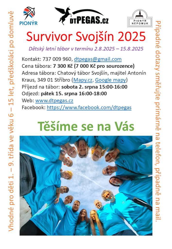 Dětský letní tábor Survivor Svojšín 2025 v termínu 2.8.2025-15.8.2025