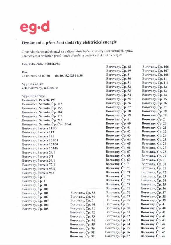 OZNÁMENÍ O PŘERUŠENÍ DODÁVKY ELEKTRICKÉ ENERGIE 20.5.2025 OD 07:30   DO 20.5.2025 16:30