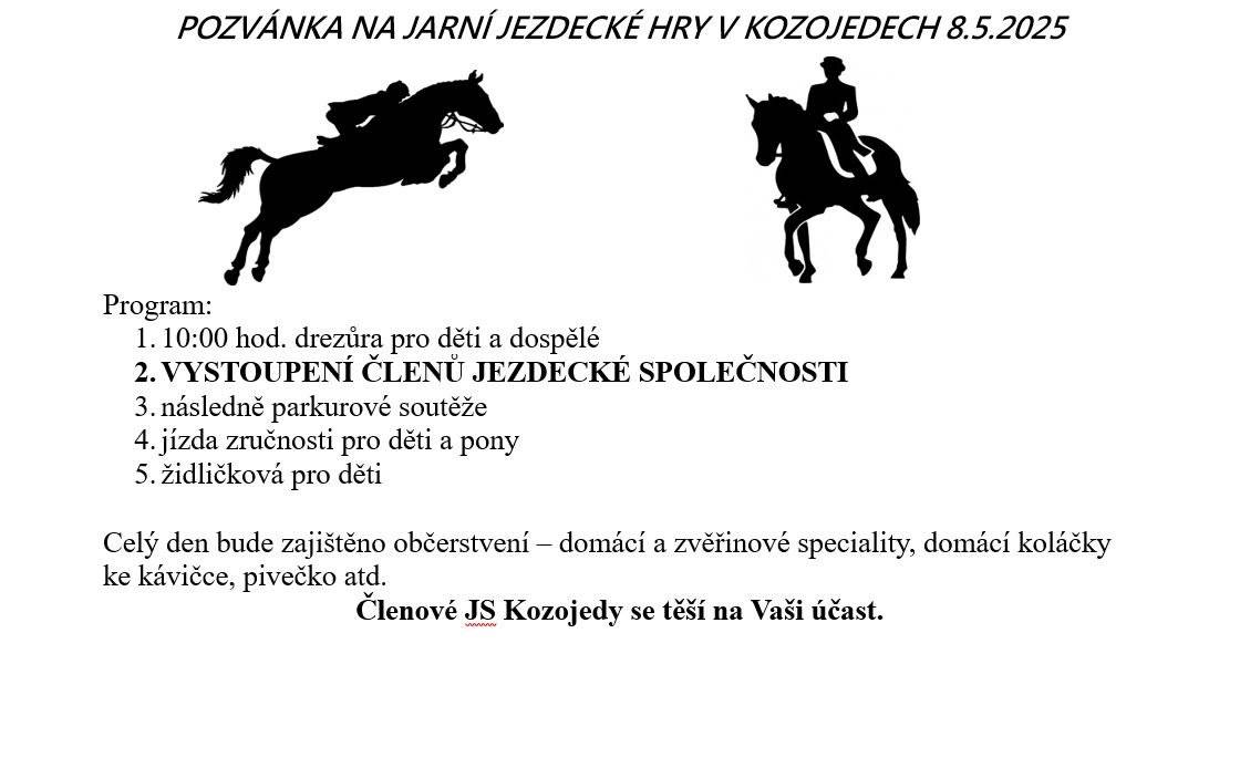 Pozvánka na jarní jezdecké hry v Kozojedech dne 8. 5. 2025.