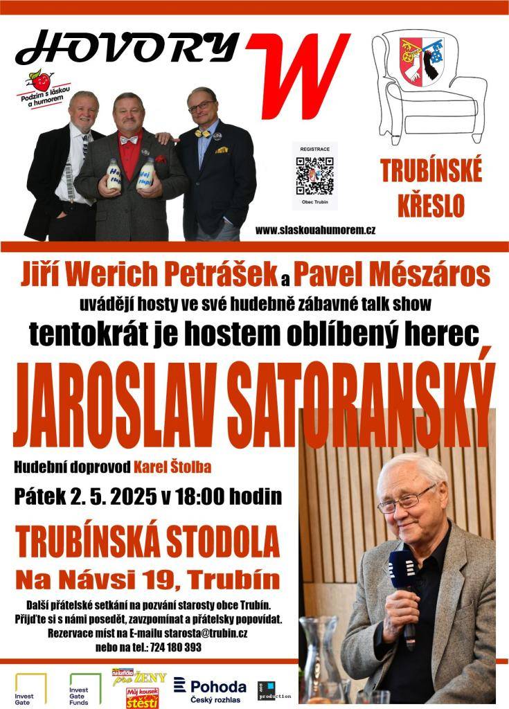 Přijďte na hudebně zábavnou talk show s oblíbeným hercem v pátek 2. května 2025. Těšit se můžete na příjemnou atmosféru, hudební doprovod a možnost přátelského povídání se starostou obce Trubín.
