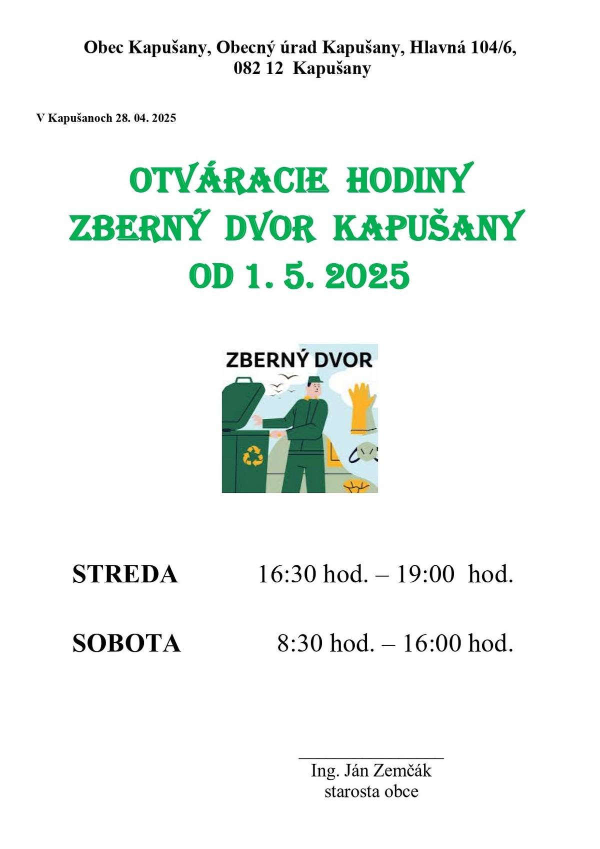 Zberný dvor Kapušany bude od 1. 5. 2025 každú stredu a sobotu.