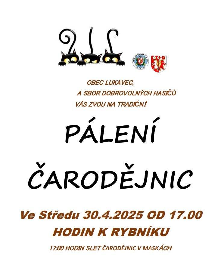 Zveme děti s rodiči na tradiční pálení čarodějnic, které se uskuteční ve středu 30.4.2025 od 17:00 hodin u rybníka