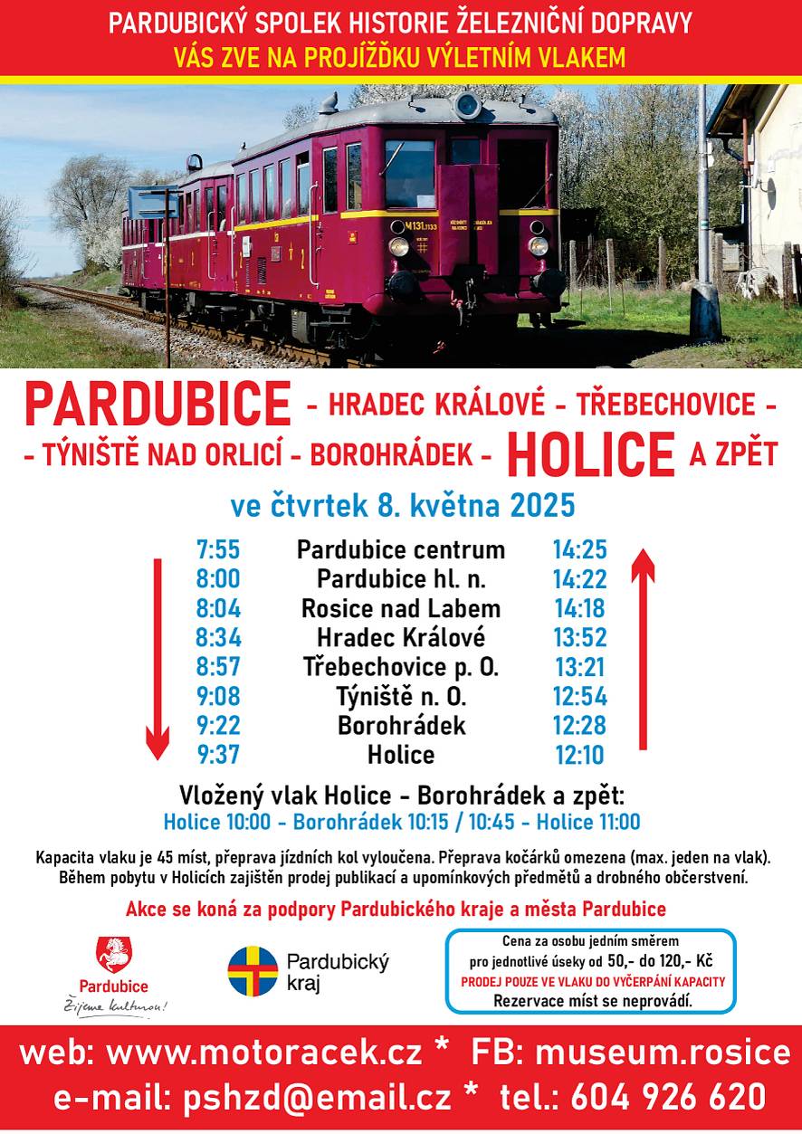Pardubický spolek historie železniční dopravy zve na projížďku výletním vlakem. Vláček vyjíždí ve čtvrtek 8. května 2025 v 7:55 hodin z Pardubic na Hradec Králové – Třebechovice – Týniště nad Orlicí – Borohrádek – Holice a zpět. Součástí akce je vložený vlak Holice – Borohrádek a zpět.