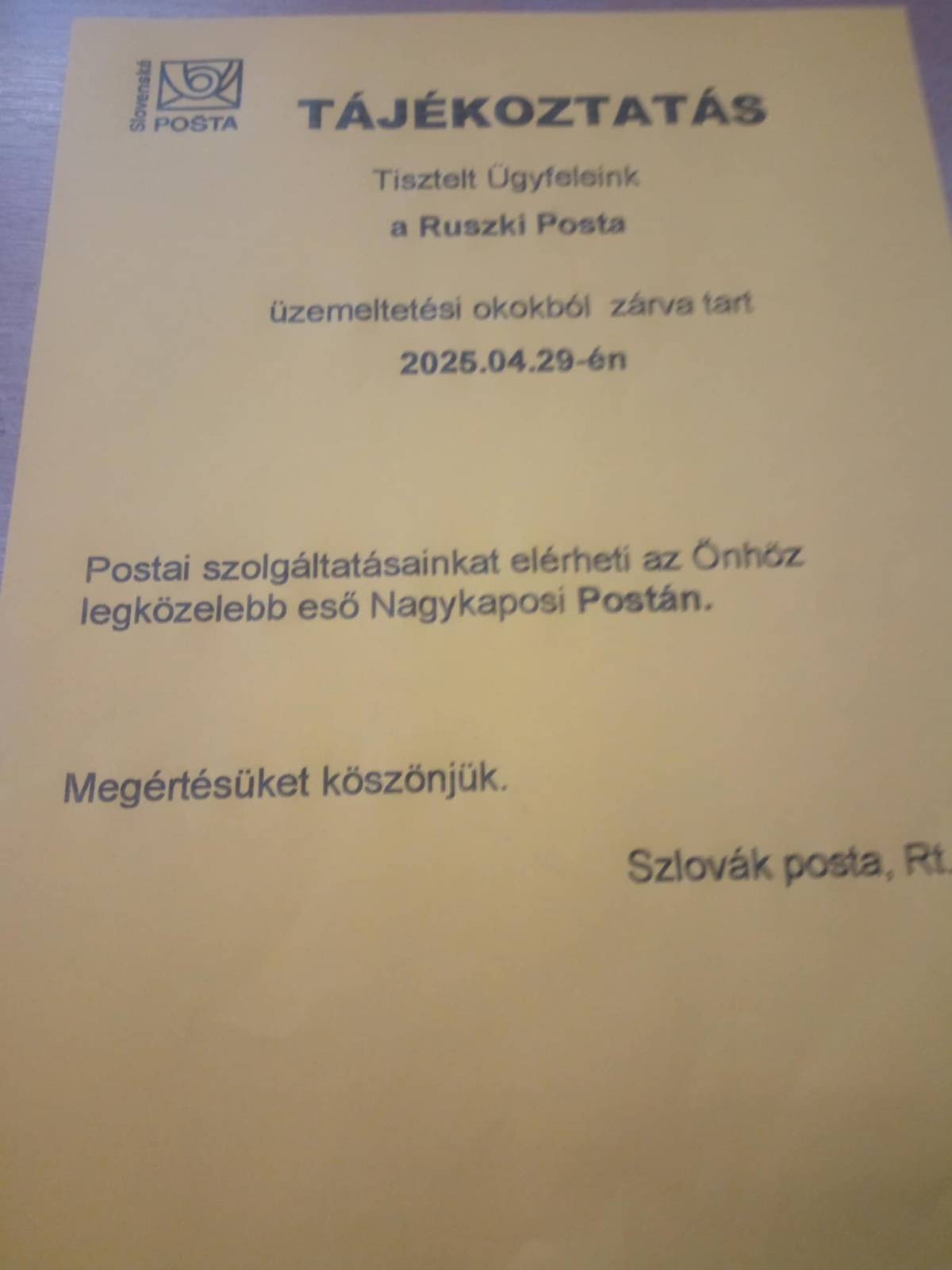 A Dobóruszkai postahivatal értesíti a tisztelt polgárokat, hogy 2025 április 29 - én (holnap) a postahivatal zárva lesz ! Megértésüket köszönjük !     Pošta Ruská, oznamuje občanom, že dňa 29.04.2025 (zajtra) bude pošta zatvorená ! Za pochopenie Ďakujeme !