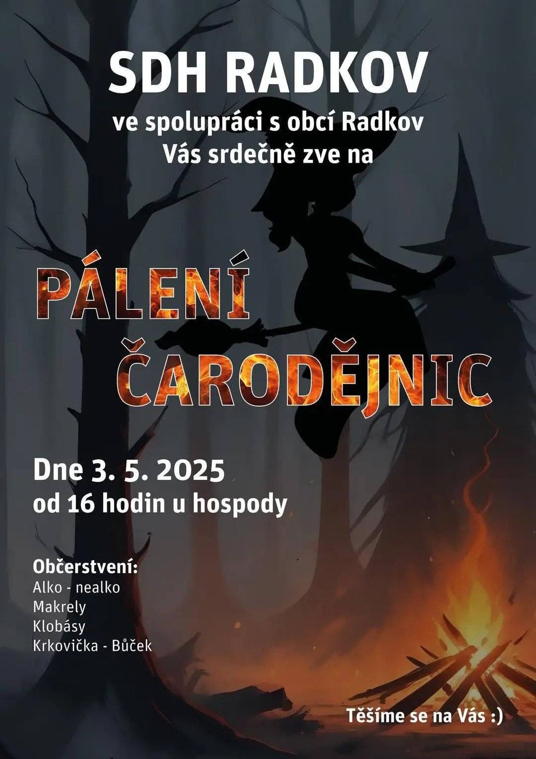 V sobotu 3.5.2025 Vás zveme na Pálení čarodějnic od 16h u hospody