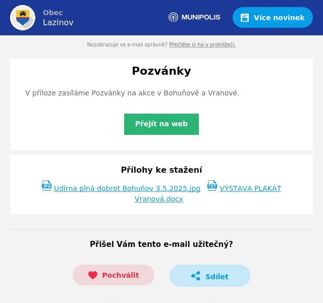 V příloze zasíláme Pozvánky na akce v Bohuňově a Vranové.