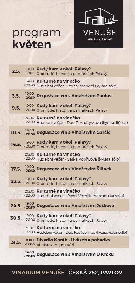Vinařství Venuše v Pavlově nabízí bohatý program na měsíc květen s degustacemi vín, kulturními večery a představením pro děti.