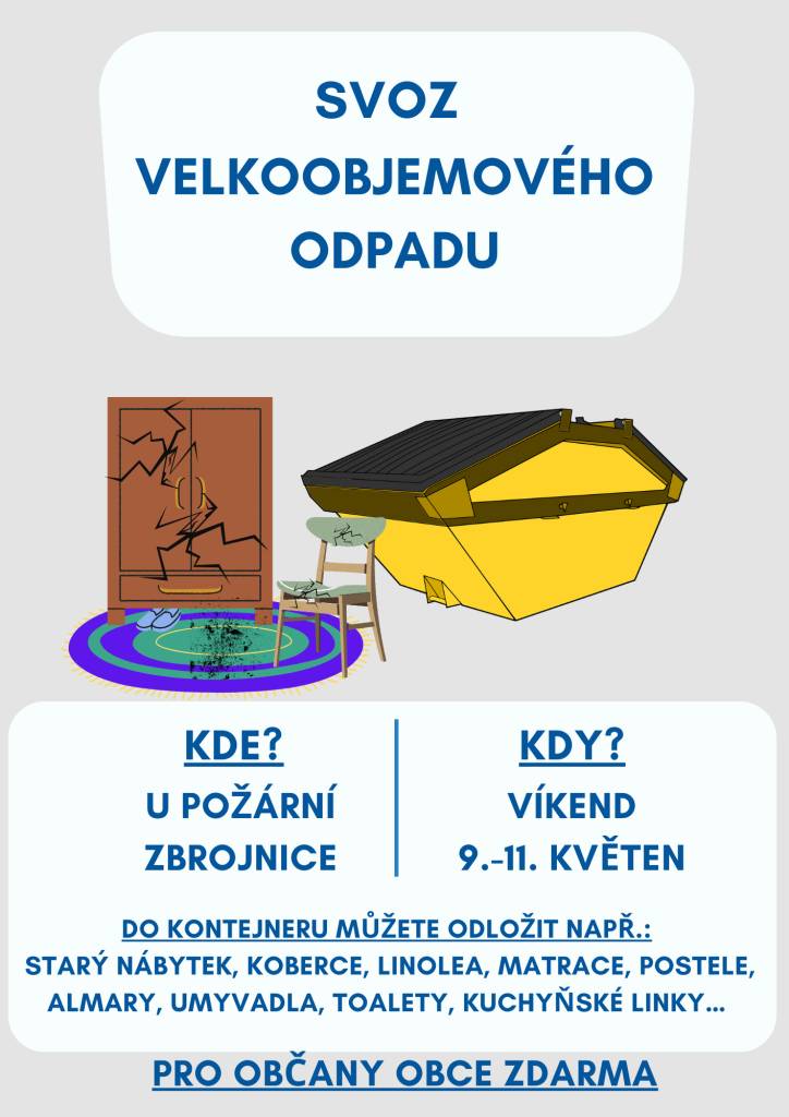Na dolním konci obce u hasičské zbrojnice bude   o víkendu 09. - 11. 05. 2025 přistaven kontejner na VELKOOBJEMOVÝ ODPAD.   Do kontejneru můžete odložit např. starý nábytek, koberce, linolea, matrace, postele, almary, umyvadla, toalety, kuchyňské linky…  PROSÍME O DODRŽOVÁNÍ POŘÁDKU!