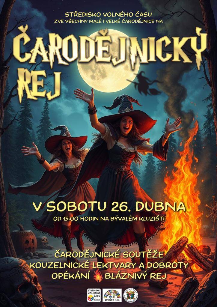 čarodějnické soutěže, kouzelnické lektvary a dobroty, opékání a bláznivý rej