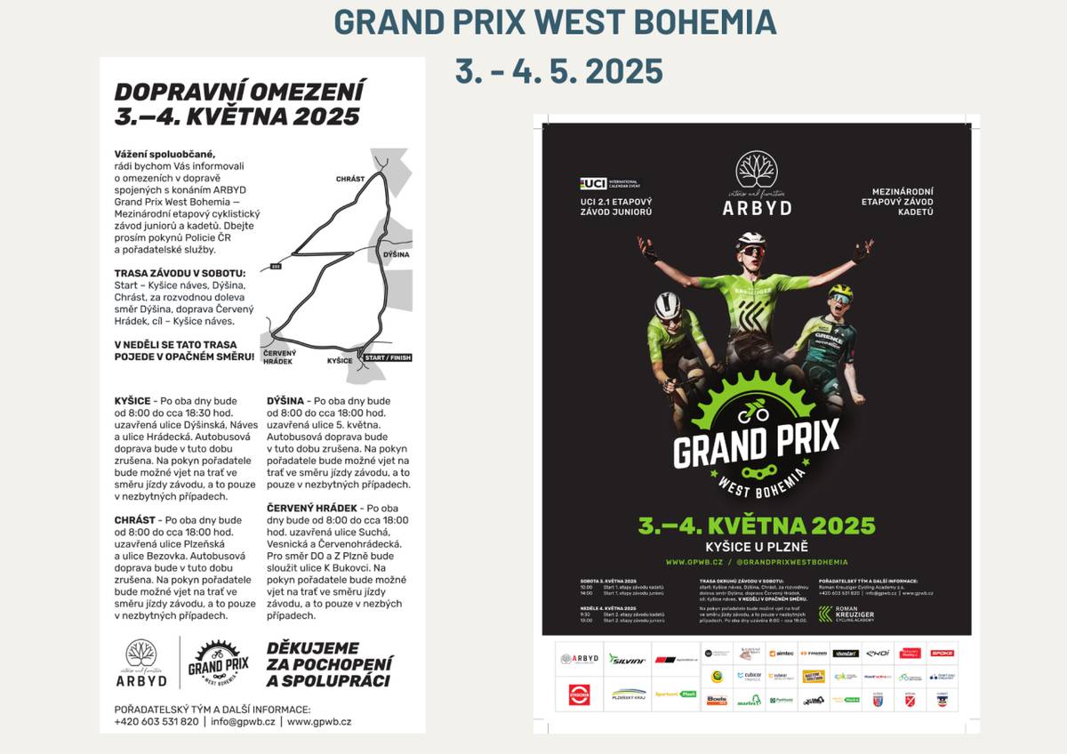 Vážení občané, během konání Grand Prix West Bohemia ve dnech 3. a 4. května 2025 dojde k dopravním omezením. Prosíme, dbejte pokynů Policie ČR a pořadatelské služby.