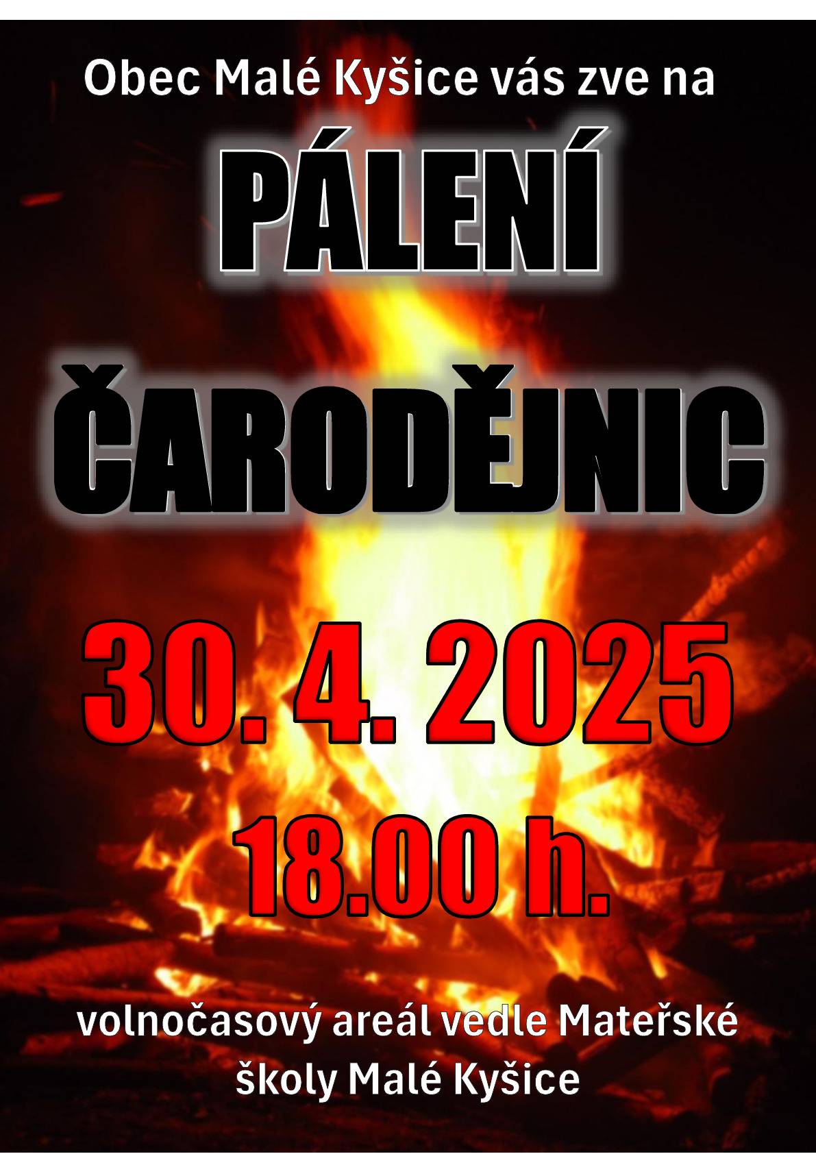 Srdečně Vás zveme na tradiční obecní akci "PÁLENÍ ČARODĚJNIC".V 18 h.bude ve volnočasovém areálu vedle MŠ zapálen oheň.Čarodějnické kostýmy vítány.
