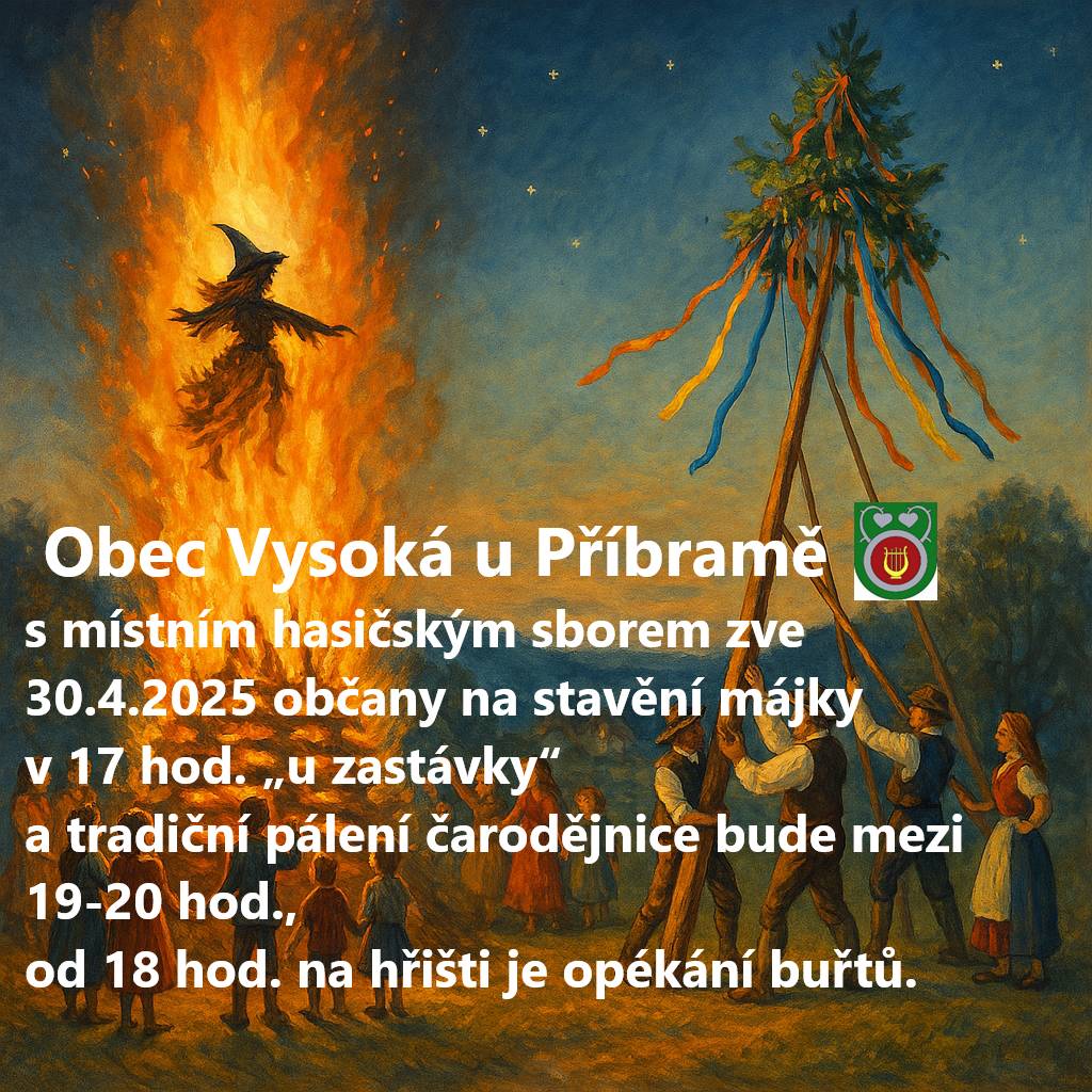 Zveme všechny občany na tradiční pálení čarodějnic, které se uskuteční 30. dubna 2025. Akce začne ve 17 hodin na zastávce, následovat bude opékání buřtů od 18 hodin na hřišti a samotné pálení čarodějnic proběhne mezi 19. a 20. hodinou.