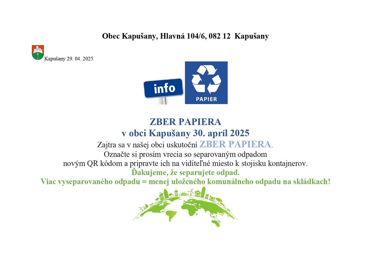 Zber papiera 30. 4. 2025