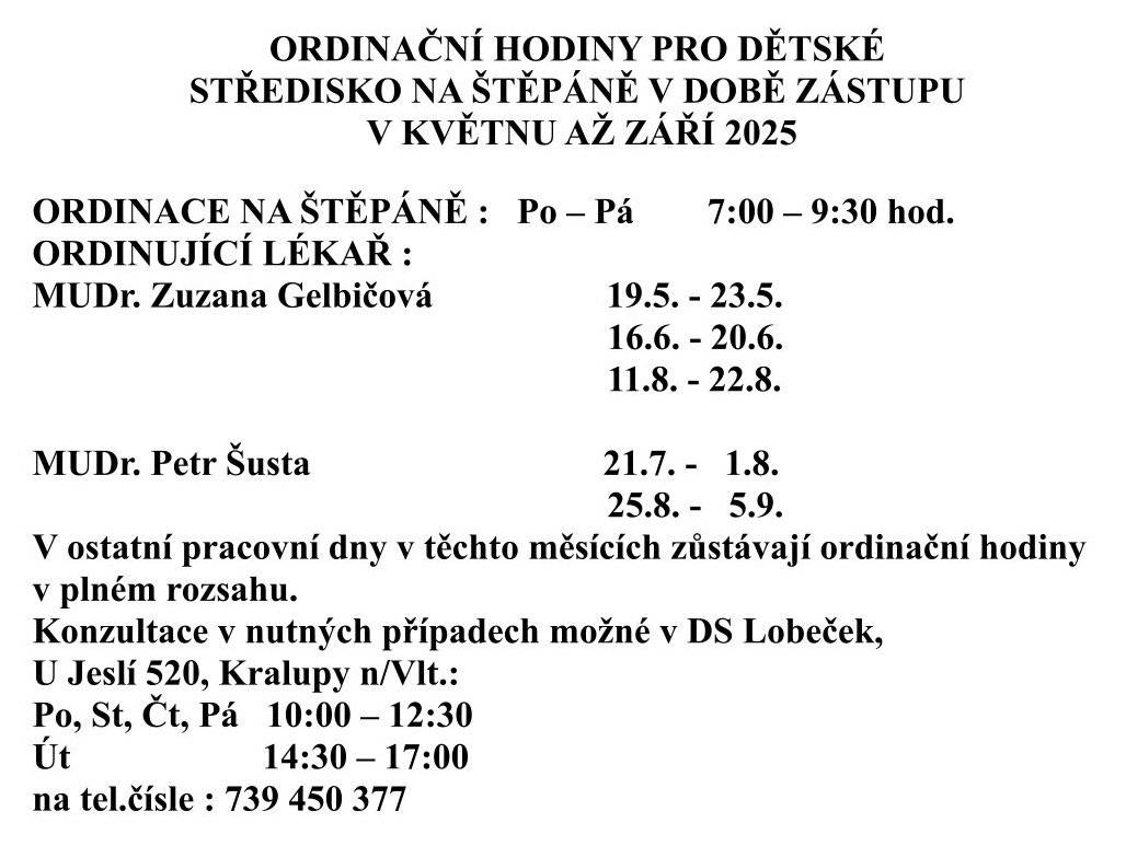 MUDr. Šusta - rozpis zástupů od května do září 2025