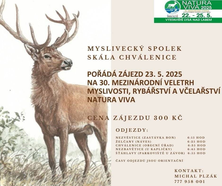 Myslivecký spolek Skála Chválenice pořádá dne 23. května 2025 zájezd na 30. mezinárodní veletrh myslivosti, rybářství a včelařství Natura Viva, který se koná v Lysé nad Labem. 🔸 Cena zájezdu: 300 Kč 🔸 Odjezdy (orientační časy): – Nezvěstice (zastávka BON): 6:15 – Želčany (náves): 6:25 – Chválenice (u OÚ): 6:35 – Nezbavětice (u kapličky): 6:45 – Šťáhlavy (parkoviště u závodu): 6:55   📞 Přihlášky a informace: Michal Plzák, tel. 777 958 001