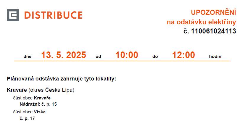 ČEZ upozornění  - plánovaná odstávka elektřiny dne 13.5.2025 od 10 - 12h v lokalitě Nádražní č.p. 15 a Víska č.p. 17.