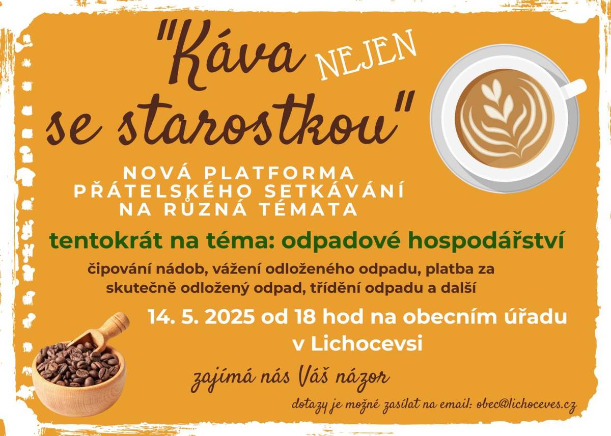 Zveme vás na setkání, která se tentokrát zaměří na téma odpadového hospodářství. Diskutovat se bude o čipování nádob, vážení odloženého odpadu a dalšími důležitými tématy. Setkání se uskuteční 14. května 2025 od 18 hodin na obecním úřadu v Lichocevsi.