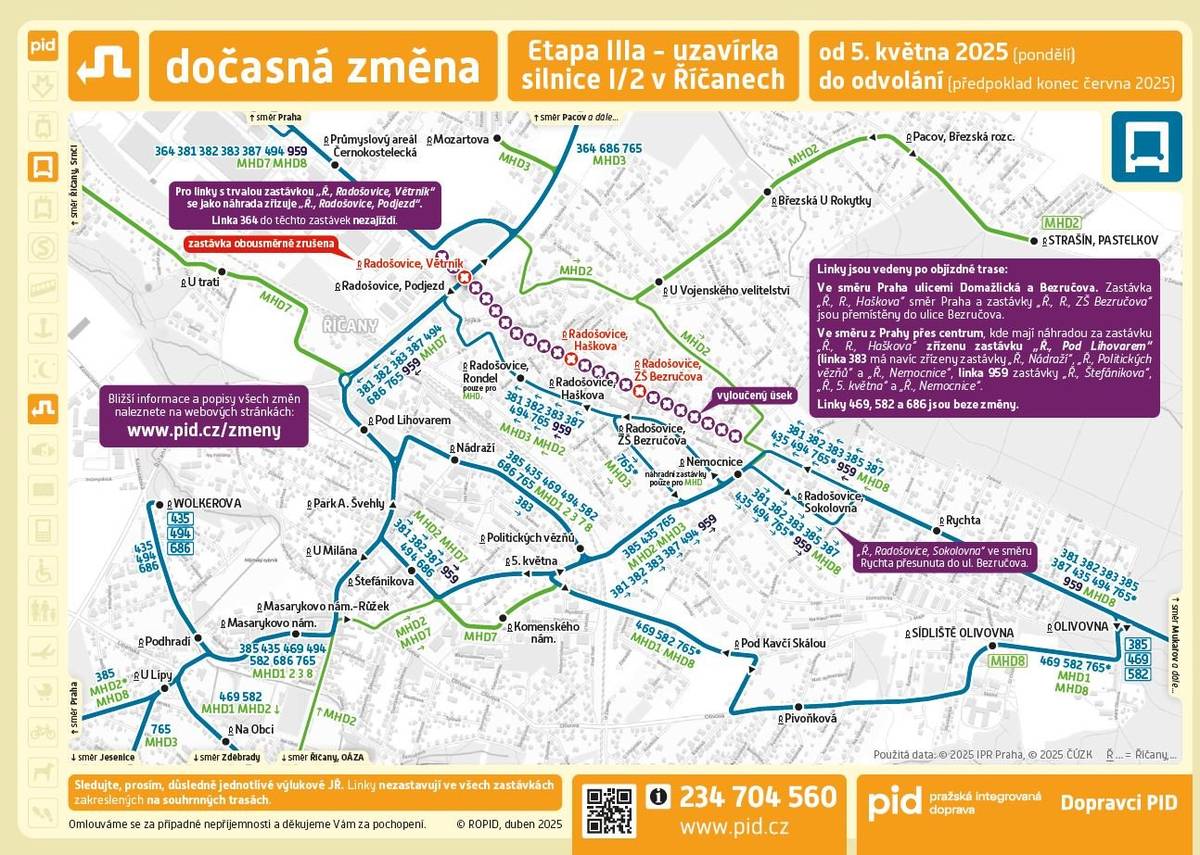 V neděli 4.5.2025 končí v Říčanech stávající II. etapa uzavírky ulice Černokostelecká (I/2), a v pondělí 5.5.2025 začíná III. etapa, resp. podetapa IIIa. Celá etapa III je plánována do 17.11.2025, podetapa IIIa cca do konce června. V následujících podetapách IIIb + IIIc dojde oproti podetapě IIIa k pouze dílčím úpravám na území Říčan, což nebude znamenat mimo Říčany žádnou změnu.  Od 5.5.2025 do 17.11.2025 z důvodu vedení objízdné trasy po běžně pojížděných komunikacích centrem Říčan dochází k prodloužení jízdní doby linek 381, 382, 383 a 387 o 5 minut, a linky 959 o 4 minuty. Z provozních důvodů bylo nutné zachovat polohy spojů v Praze a posunout polohy spojů v úseku mezi Říčany a výchozí / konečnou zastávkou. Spoje ve směru DO PRAHY tak pojedou v úseku „před Říčany“ O 5 MINUT DŘÍVE oproti pravidelnému stavu, a naopak spoje ve směru Z PRAHY pojedou v úseku „za Říčany“ O 5 MINUT POZDĚJI oproti pravidelnému stavu (ve výjimečných případech k posunům nedochází, nebo je posun spojů již / až mezi Prahou a Říčany). Toto z důvodu zachování návazností s uvedenými linkami znamená posun spojů návazných linek 489, 492, 681, 706, 821 a 824. Rovněž tak linky 659, ale té byly časové polohy spojů takto nastaveny již od 17.4. v rámci výluk, trvajících do 4.5.2025, a od 5.5.2025 se proto jízdní řád linky 659 již nemění. U linky 821 toto mimo jiné znamená u většiny spojů pobyt v zastávce „Ždánice, U Jánů“ 10 minut, aby byly zajištěny návaznosti do / z obou směrů s linkou 381.  Všechny jízdní řády naleznete na ww.pid.cz
