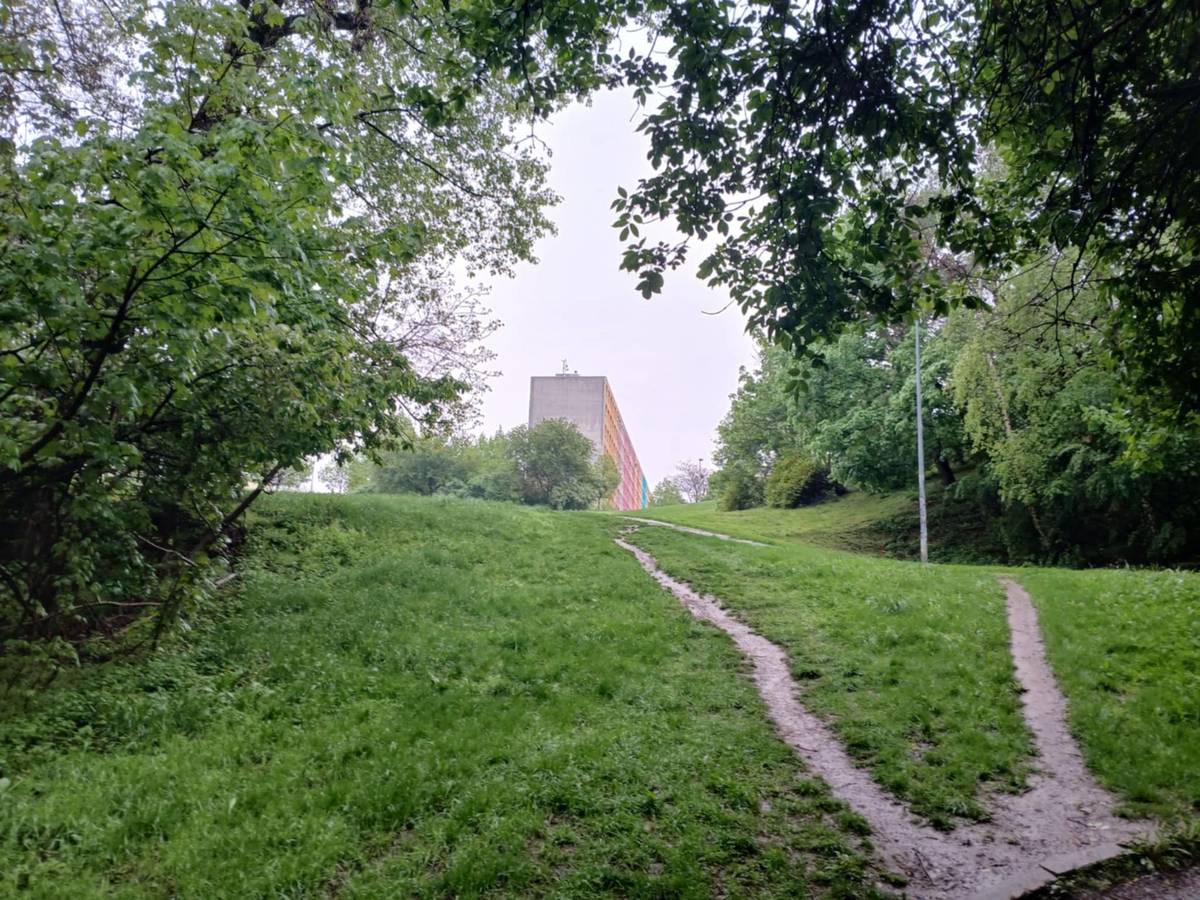 Z rokle jsou vidět panelové domy sídliště.